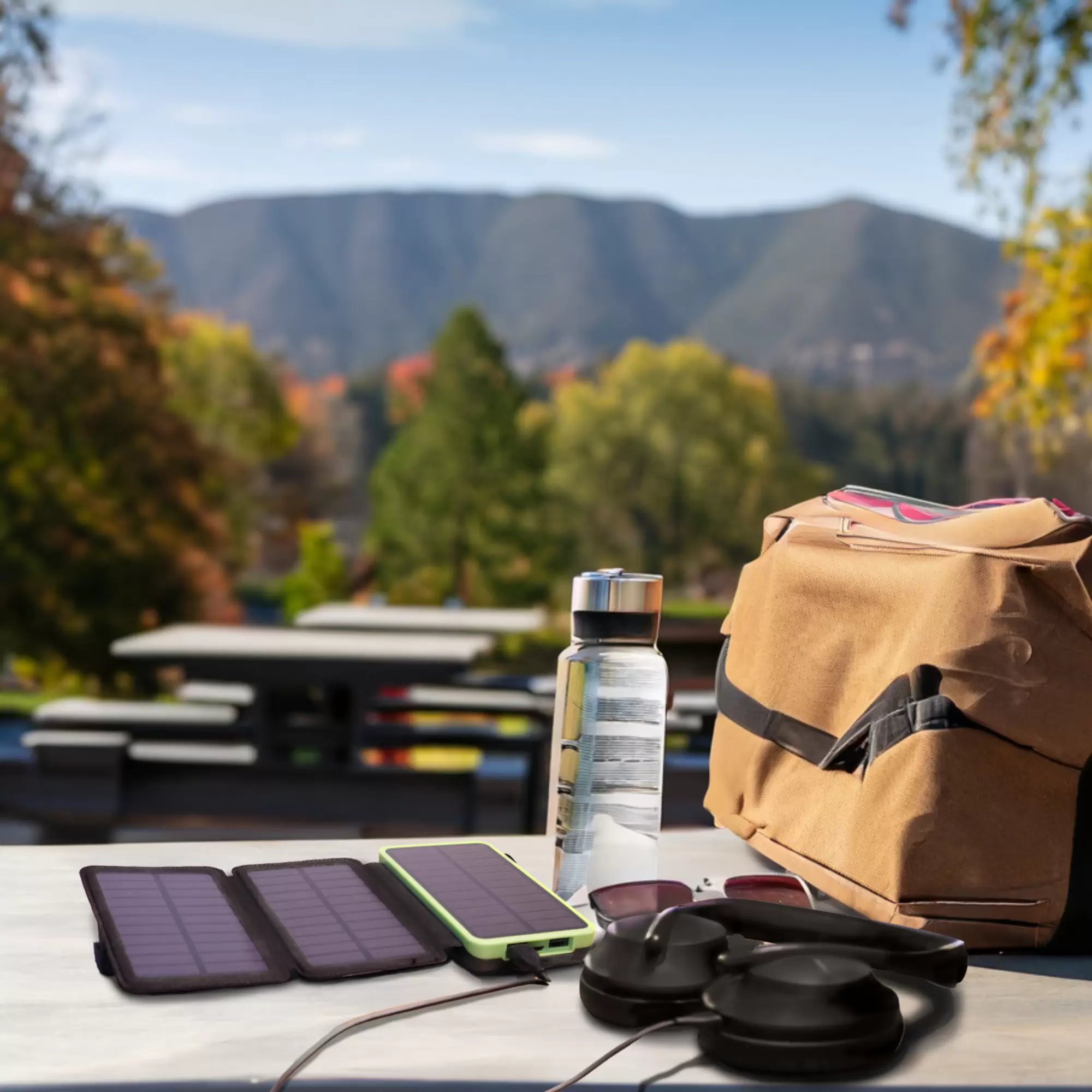 Impact-resistant JackPak PB20KS solar panels providing power for student headphone charging.