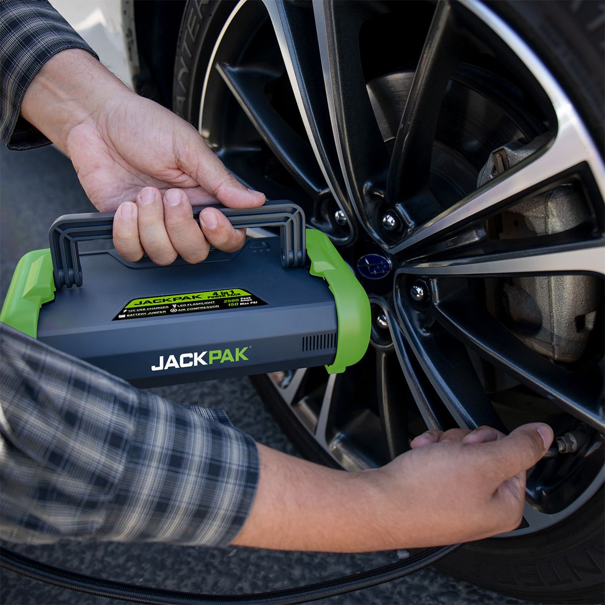 JackPak ULTRA2500A compact jump starter with an inflator for tires and other inflatables.