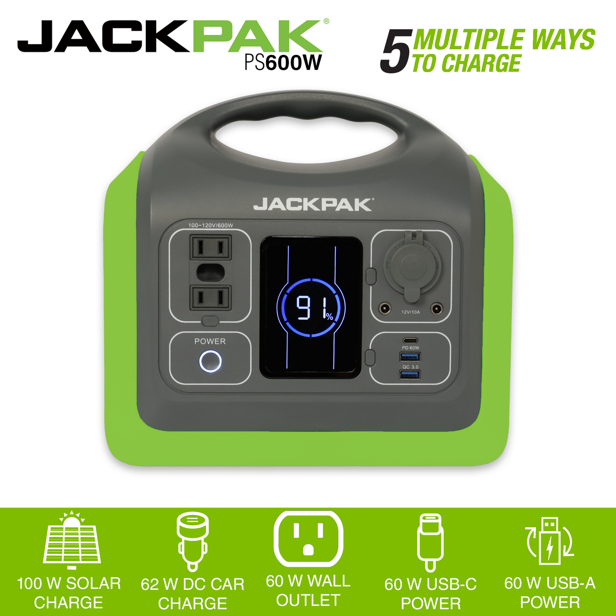 JackPak PS600W power station showing 5 ways to charge: 100W solar, 62W DC car, 60W wall outlet, 60W USB-C, and 60W USB-A power.