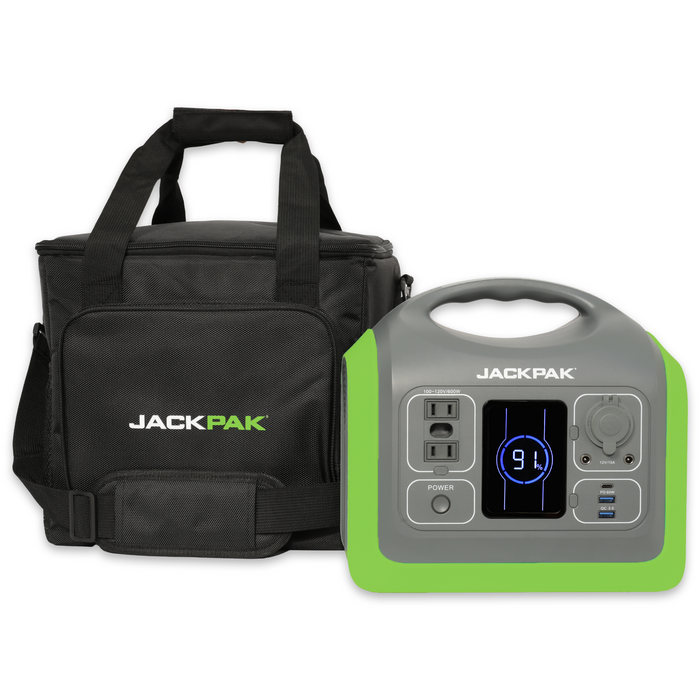 JackPak PS600W portable power station with carrying case, two AC outlets, USB ports, and LED screen showing charge.