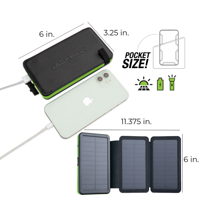 JackPak PB20KS power bank with solar panels, charging a smart phone. Includes dimensions for portability, showcasing a compact design.