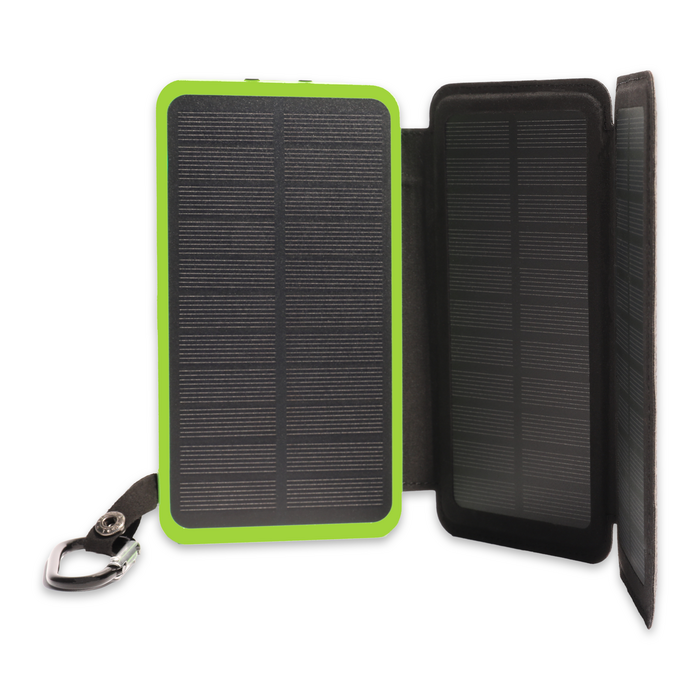 Close-up view of the JackPak PB20KS solar power bank showing solar panels and a carabiner for easy attachment.