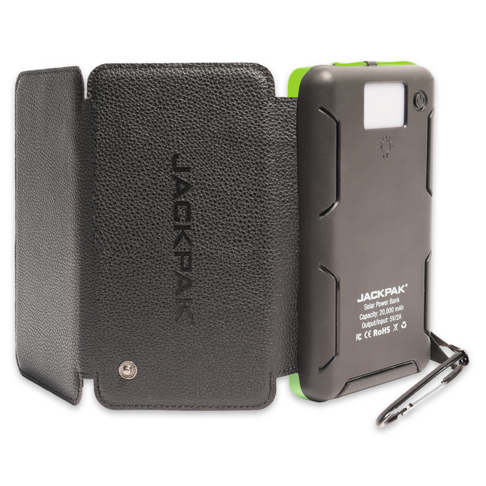 Back view of the JackPak PB20KS solar power bank with its leather case open, showing the power bank and attached carabiner.