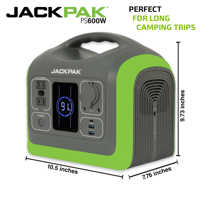 JackPak PS600W portable power station with 2 AC outlets, 12V input, USB ports, and LED screen for camping, measuring 9.73 inches by 10.5 inches.