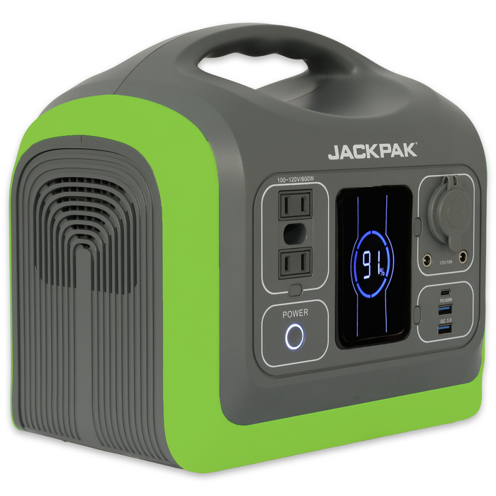 JackPak PS600W portable power station with two AC outlets, USB-C, and DC input, showing a 91% charge on the display.